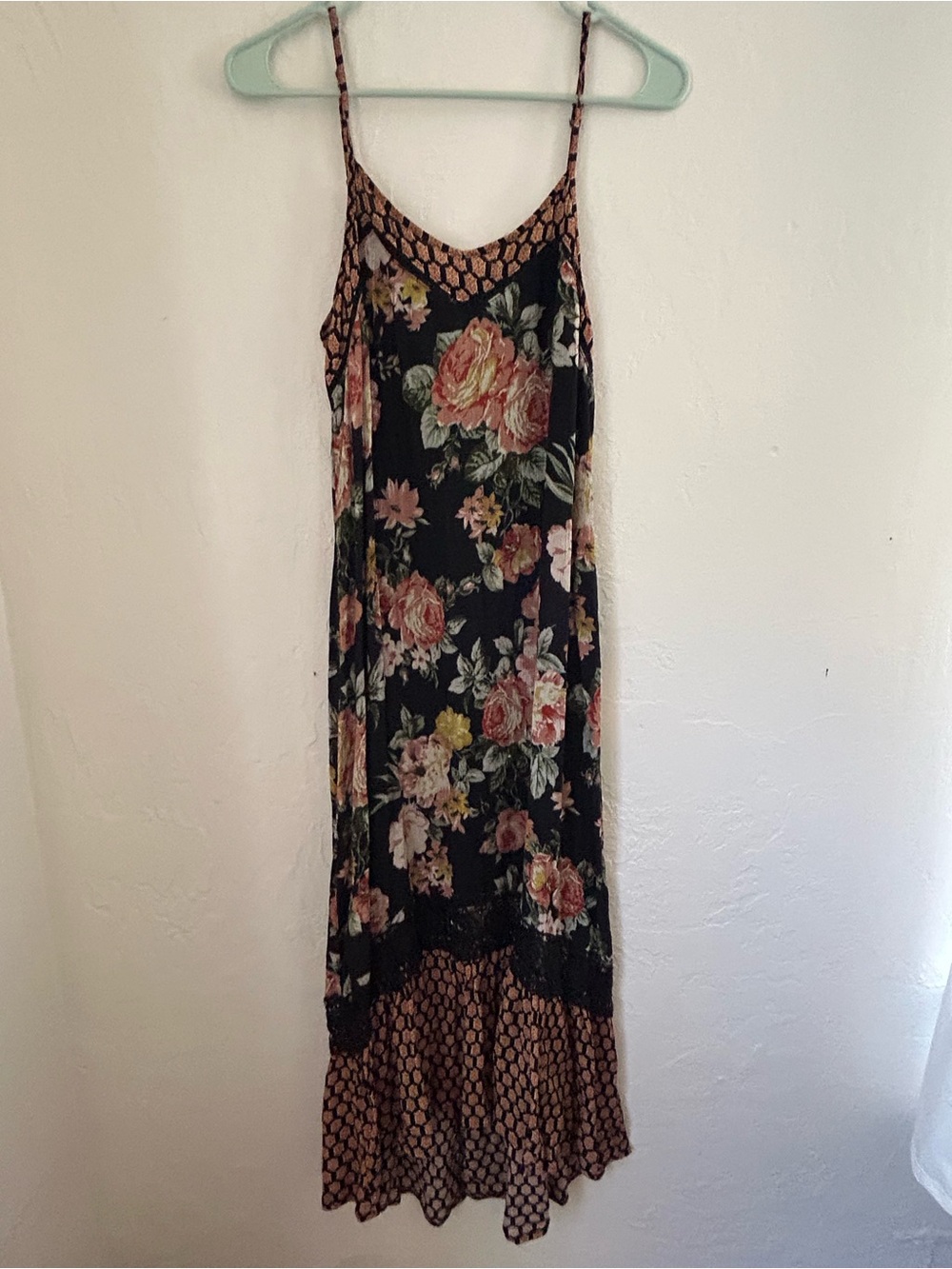 Xhilaration Black Floral Maxi Slip Dress with Pink Rose Print